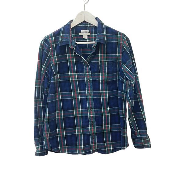 L.L. Bean Women’s Blue Scotch Plaid Slightly Fitted Flannel Button Down Sz PM - Picture 1 of 5